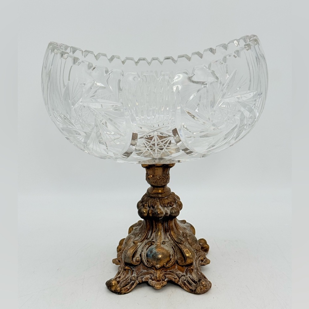 Vintage Crystal Compote Bowl | Brass Pedestal | Hollywood Regency